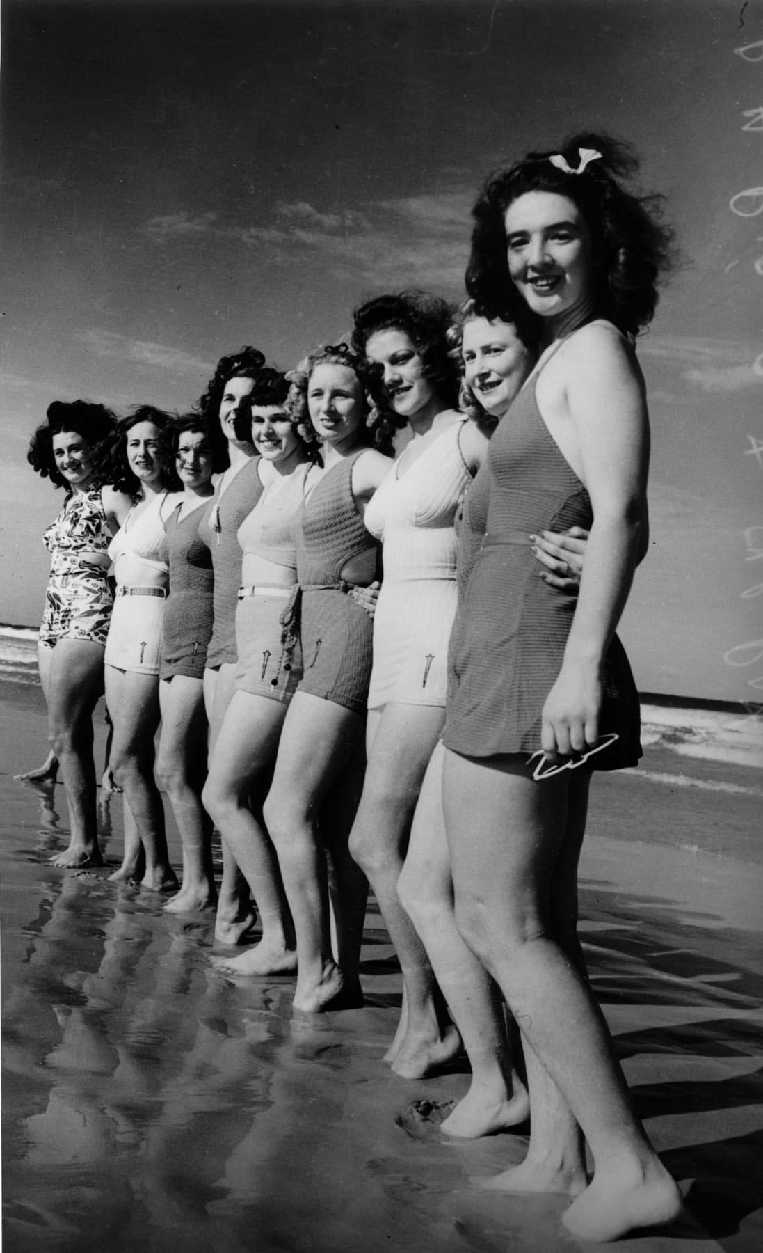 A line of girls in bathing costumes, late 1930s